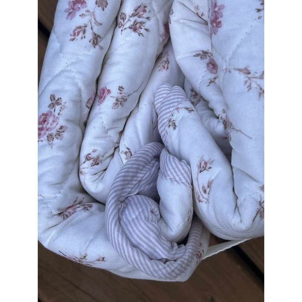 Laura Ashley Rosebuddies Skinny Stripe Pink Cotton Sham Pair Standard Floral New